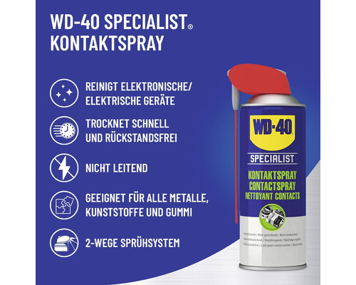 WD-40 Specialist Kontaktspray reinigt elektronische Geräte, trocknet schnell und ist für Metalle, Kunststoffe und Gummi geeignet.