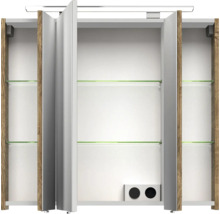 Offener Spiegelschrank mit Holzrahmen und Glasablagen