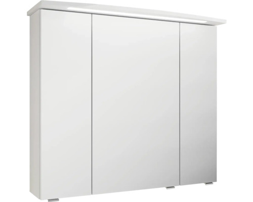 Weißer Spiegelschrank mit drei Türen und integrierter Beleuchtung.