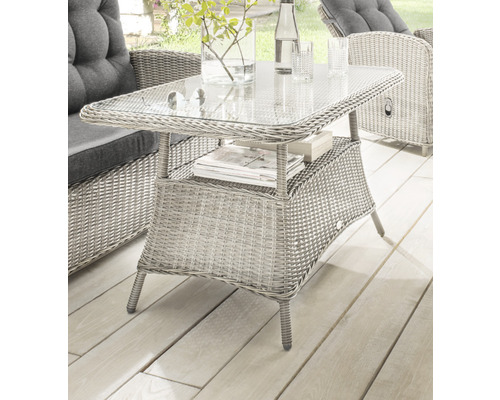 Table de jardin en rotin avec plateau en verre et espace de rangement pour l''extérieur