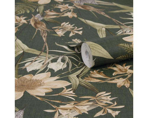 Papier peint à motif floral dans des couleurs naturelles sur fond foncé