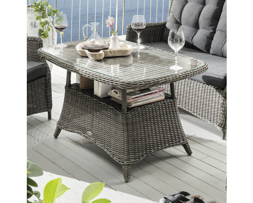 Table de jardin en rotin avec plateau en verre et étagère