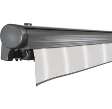SOLUNA Halbkassettenmarkise Comfort 4,5x3,5 Dessin D418 Gestell DB703 dunkelgrau Antrieb links inkl.Motor, Sonnen und Windwächter,Wandschalter