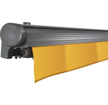 SOLUNA Halbkassettenmarkise Comfort 5x4 Dessin J200 Gestell DB703 dunkelgrau Antrieb links inkl.Motor, Sonnen und Windwächter,Wandschalter