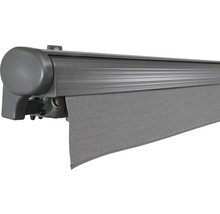 SOLUNA Halbkassettenmarkise Comfort 5,5x2 Dessin U104 Gestell DB703 dunkelgrau Antrieb links inkl.Motor, Sonnen und Windwächter,Wandschalter
