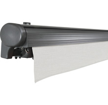 SOLUNA Halbkassettenmarkise Comfort 4,5x3,5 Dessin U190 Gestell DB703 dunkelgrau Antrieb links inkl.Motor, Sonnen und Windwächter,Wandschalter