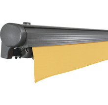 SOLUNA Halbkassettenmarkise Comfort 5x3,5 Dessin U415 Gestell DB703 dunkelgrau Antrieb links inkl.Motor, Sonnen und Windwächter,Wandschalter