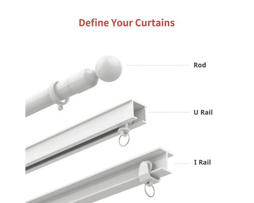 Image de différents types de supports de rideaux : tringle, rail en U et rail en I.