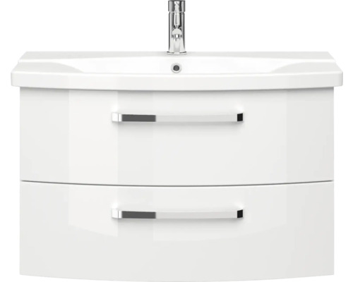 Weißer Waschtischunterschrank mit zwei Schubladen und Armatur