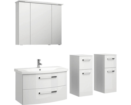 Badezimmermöbelset mit Spiegelschrank, Waschtischunterschrank und zwei Seitenschränken