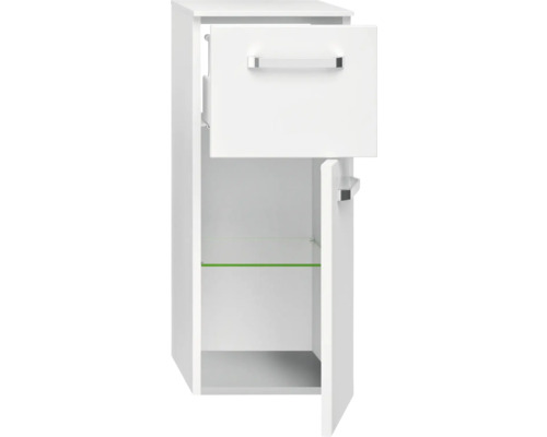 Weißer Bad-Hängeschrank mit Schublade und offener Tür