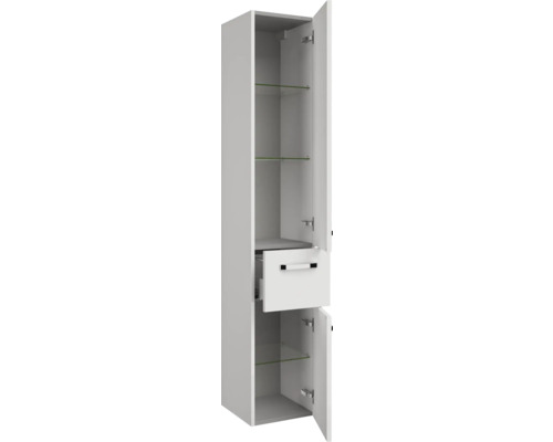 Armoire haute de salle de bains avec tiroir et portes ouvertes