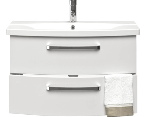 Meuble sous-lavabo avec deux tiroirs, robinet et serviette