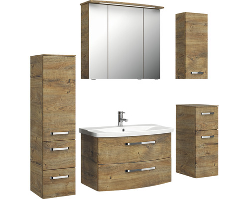 Badezimmerset mit Spiegelschrank, Waschbeckenunterschrank und Hochschränken