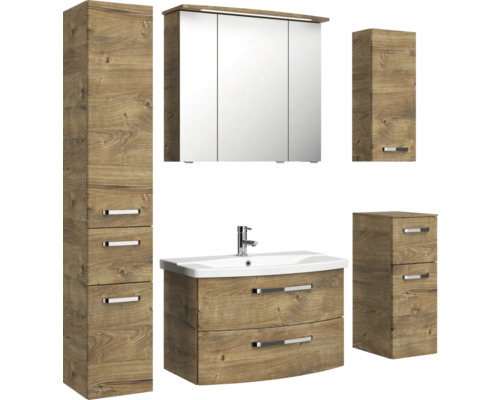 Badezimmermöbel Set mit Waschtisch, Spiegelschrank, Hochschrank und Unterschrank im Holzdesign