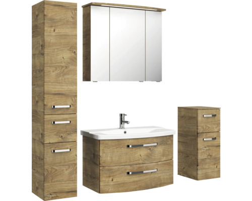 Badezimmerset mit Waschtisch, Spiegelschrank, Hochschrank und Seitenschrank