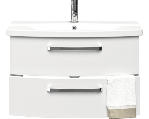 Meuble sous-vasque avec deux tiroirs, robinet et serviette