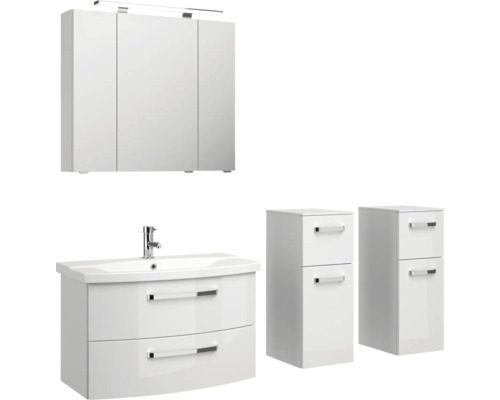 Badezimmersatz mit Spiegelschrank, Waschtischunterschrank und zwei Schubladenschränken