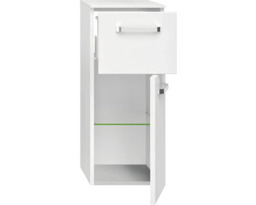 Weißer Badschrank mit Schublade und geöffneter Tür