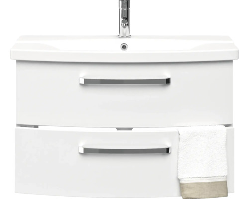 Waschtisch mit zwei Schubladen, Waschbecken, Armatur und Handtuch