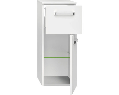 Weißer Badezimmer-Hochschrank mit offener Tür und Schublade