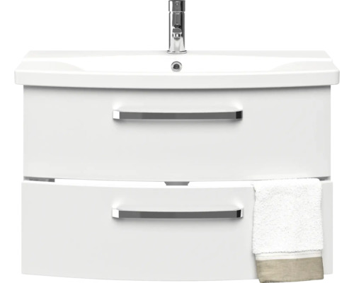 Weißer Waschtisch mit zwei Schubladen, Waschbecken und Armatur