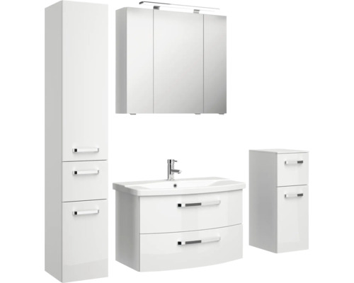 Badezimmermöbelset mit Waschtisch, Spiegelschrank, Hochschrank und Seitenschrank