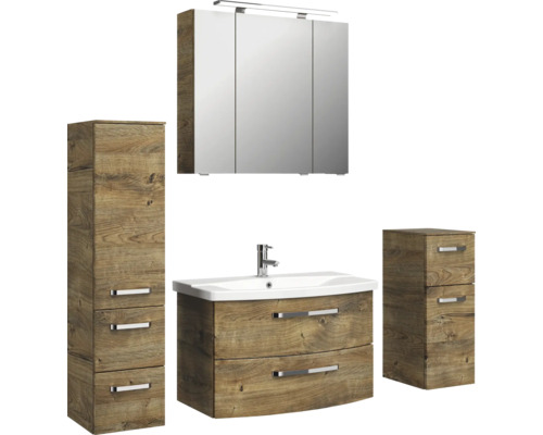 Badezimmermöbelset mit Waschtischunterschrank, Spiegelschrank, Hochschrank und Seitenschrank im Holzdesign