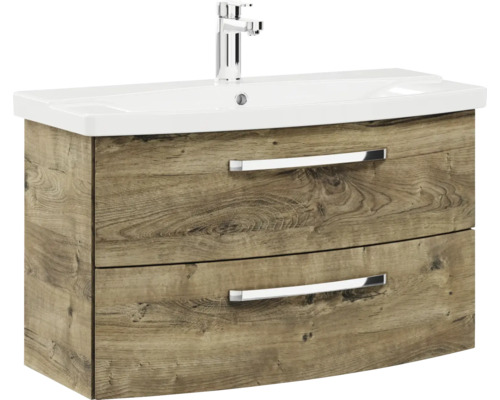 Waschtischunterschrank mit zwei Schubladen im Holzdesign und Aufsatzwaschbecken