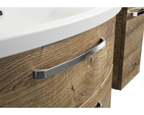 Detailansicht eines Waschtischunterschranks mit Holzdekor und Griff