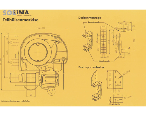 Dessin technique d''un store banne à cassette partielle Soluna avec indications de dimensions pour montage au plafond et support de chevrons
