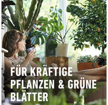 Frau mit Tasse sitzt vor Pflanzen für kräftige Pflanzen und grüne Blätter