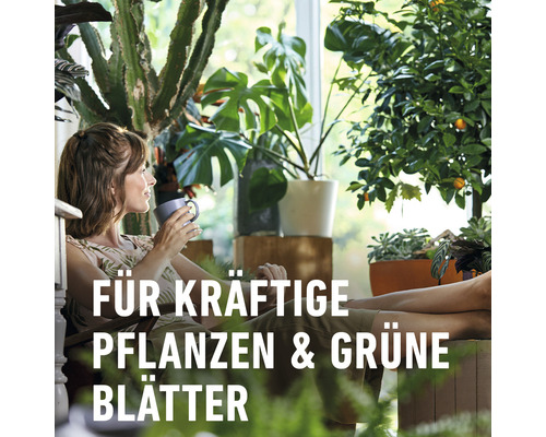 Frau mit Tasse sitzt vor Pflanzen für kräftige Pflanzen und grüne Blätter