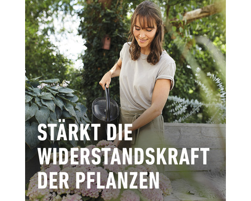 Eine Frau giesst im Garten Blumen mit einer Giesskanne. Die Bildunterschrift lautet: Stärkt die Widerstandskraft der Pflanzen.