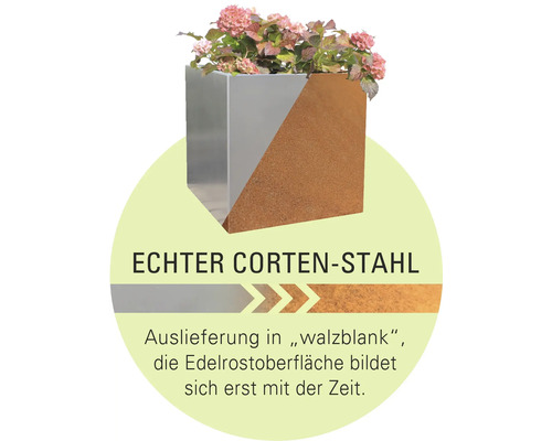 Quadratischer Pflanzkasten aus Cortenstahl mit Pflanzen