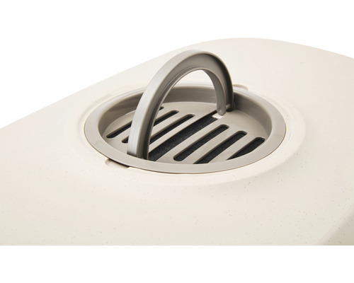 Detailansicht einer Katzentoilette mit Griff und Aktivkohlefilter