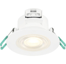 Spot LED encastrable rond blanc avec clips de fixation latéraux pour montage au plafond.