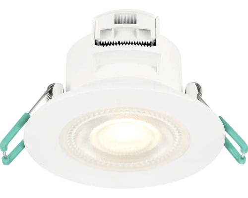 Spot LED encastrable rond blanc avec clips de fixation latéraux pour montage au plafond.