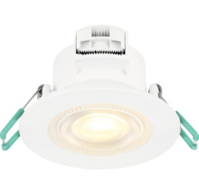 Spot LED encastrable pour montage au plafond avec lumière blanc chaud et clips à ressort latéraux pour l'installation.