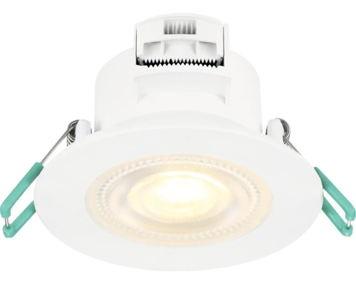 Spot LED encastrable pour montage au plafond avec lumière blanc chaud et clips à ressort latéraux pour l'installation.
