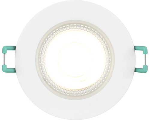 Spot LED encastrable rond avec anneau extérieur blanc et ressorts de fixation latéraux.