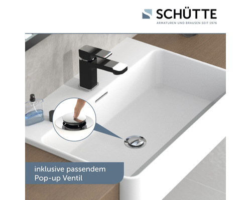 Waschbecken mit schwarzer Armatur und inklusivem Pop-up Ventil