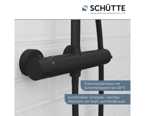 Schwarze Thermostat Duscharmatur mit Verbrühschutz bei 38 Grad Celsius