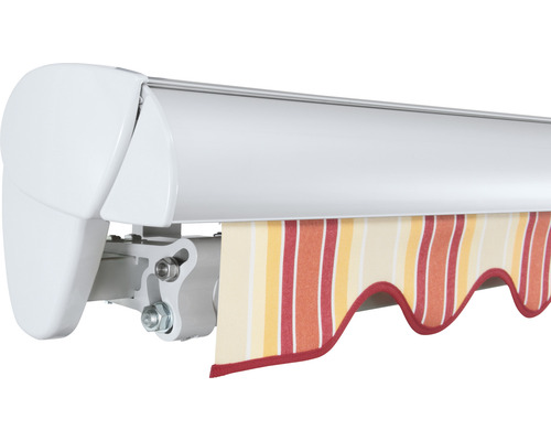 Store de terrasse avec tissu rayé et lambrequin