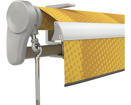 Detailansicht einer Markise mit gelbem Punktmuster