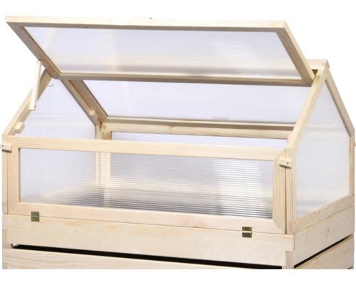 Frühbeet aus Holz mit geöffnetem Deckel