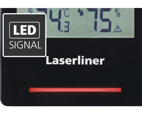 Logo Laserliner. Affichage du signal LED. La température et l''humidité sont affichées.