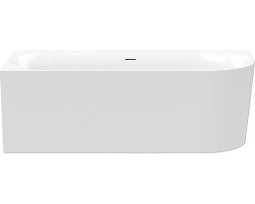 Baignoire rectangulaire avec un coin arrondi.