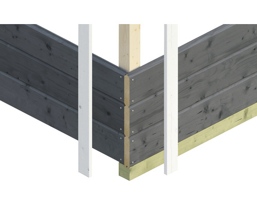 Eckansicht einer Holzkonstruktion mit Bretterwand