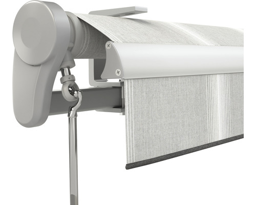 Detailansicht einer Markise mit Stoff und Mechanismus